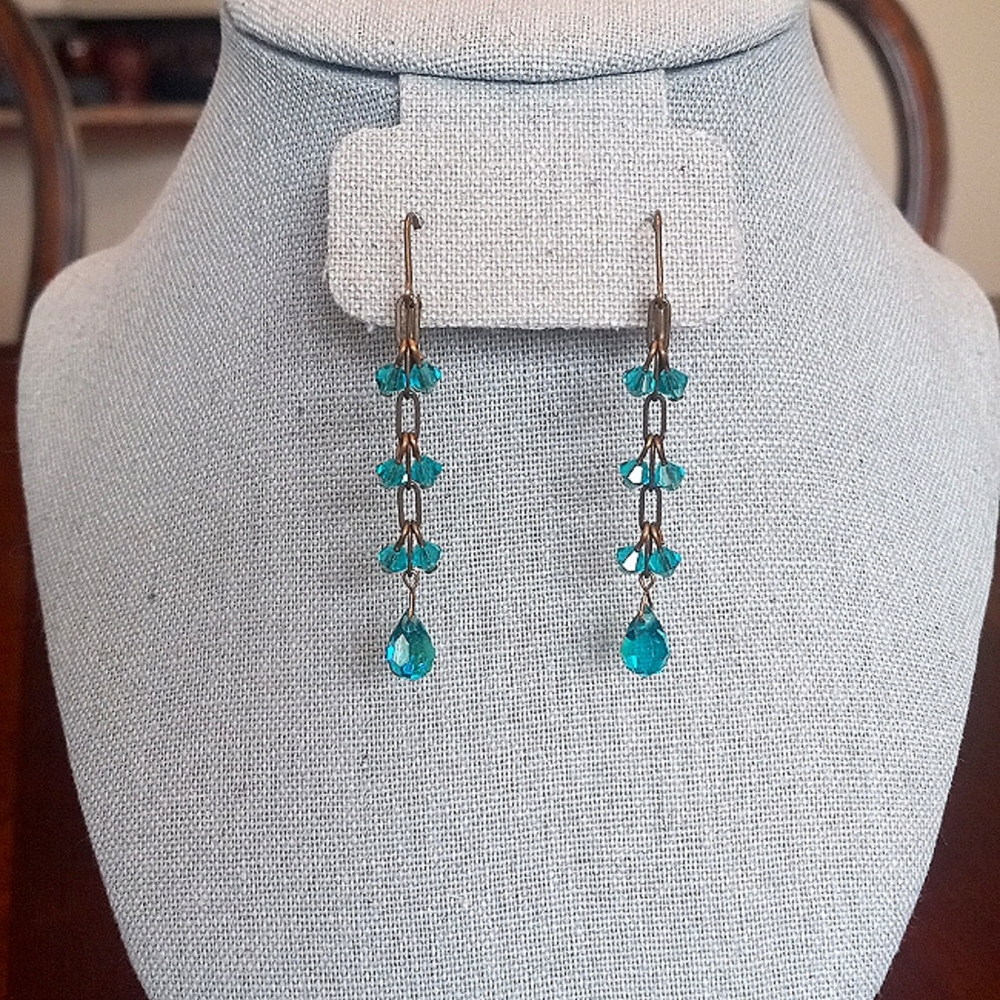 Nordstrom Vintage Green-Blue Iridescent Australian Crystal 2" Dangle Earrings